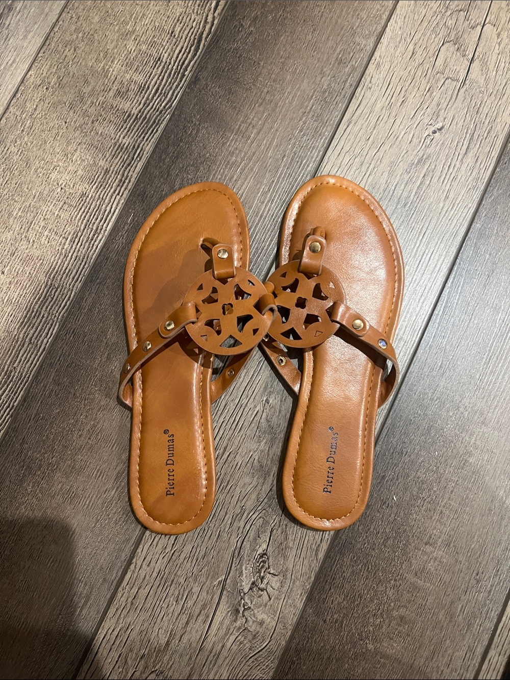 Pierre Dumas Cognac Cutout Medallion Toe-Post Sandals